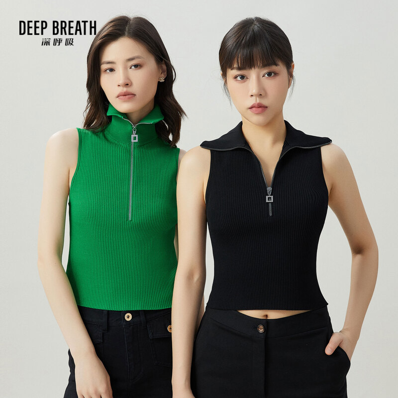 DEEP BREATH深呼吸女装  纯色套头半拉链竖坑条无袖针织衫A301175