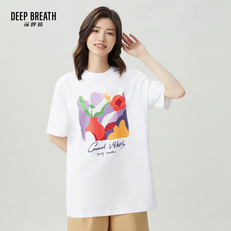 DEEP BREATH深呼吸女装 套头圆领短袖抽象花图案宽松T恤A301189