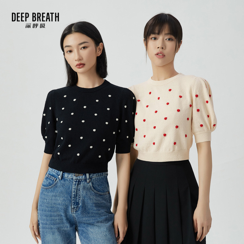 DEEP BREATH深呼吸女装 圆领泡泡袖葱纱波点短袖针织衫A301212