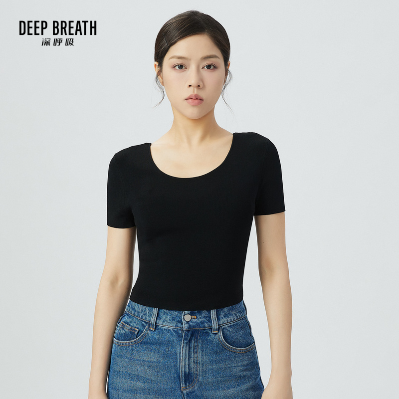 DEEP BREATH深呼吸女装 简约短款大U领修身针织衫短袖上衣A301217