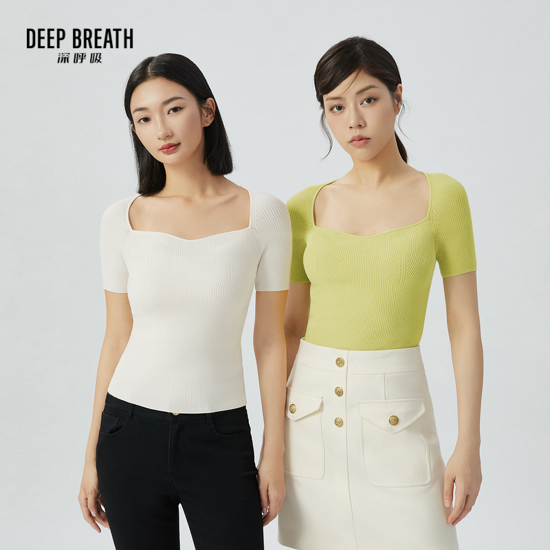 DEEP BREATH深呼吸女装 鸡心方领针织衫简约纯色修身上衣A301218