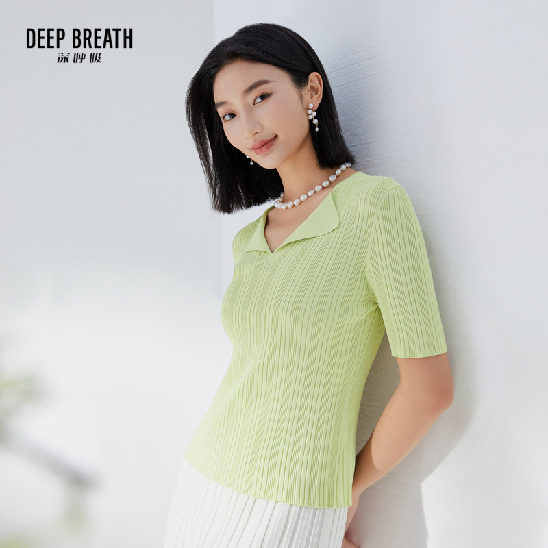 DEEP BREATH深呼吸女装 小翻领竖坑条针织衫上衣A301222