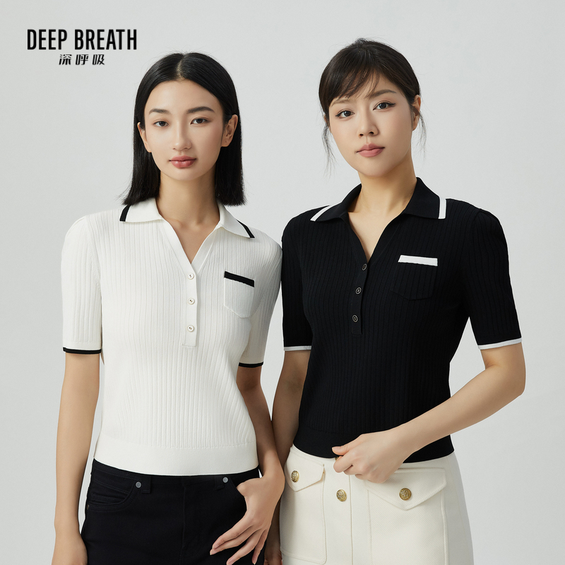 DEEP BREATH深呼吸女装 简约休闲撞色Polo领短袖针织衫A301224