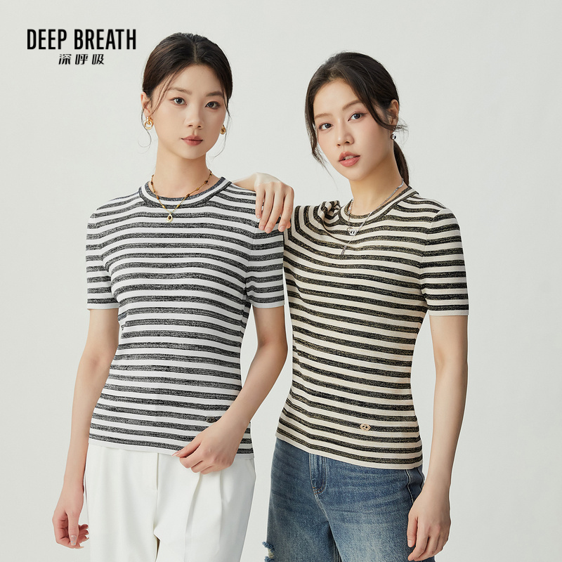 DEEP BREATH深呼吸女装  条纹金银丝针织衫圆领套头衫上衣A301230