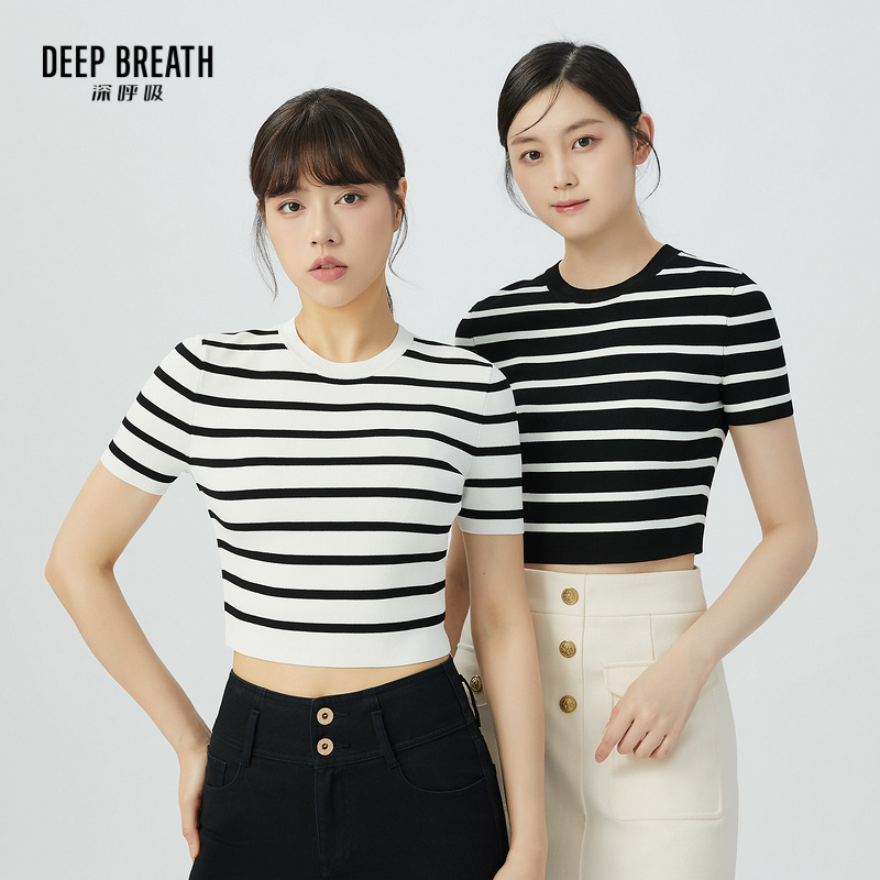 DEEP BREATH深呼吸女装 条纹拼色针织衫简约圆领短款上衣A301260