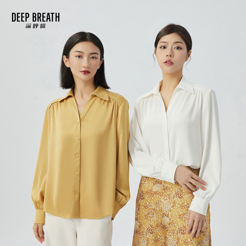 DEEP BREATH深呼吸女装 通勤简约纯色长袖翻领V领衬衫A301267
