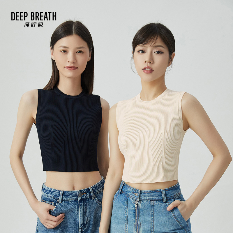 DEEP BREATH深呼吸女装 简约花纱针织无袖背心圆领打底衫A301270