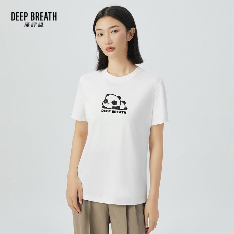 DEEP BREATH深呼吸女装 植绒贴布熊猫字母图案T恤短袖上衣A301302