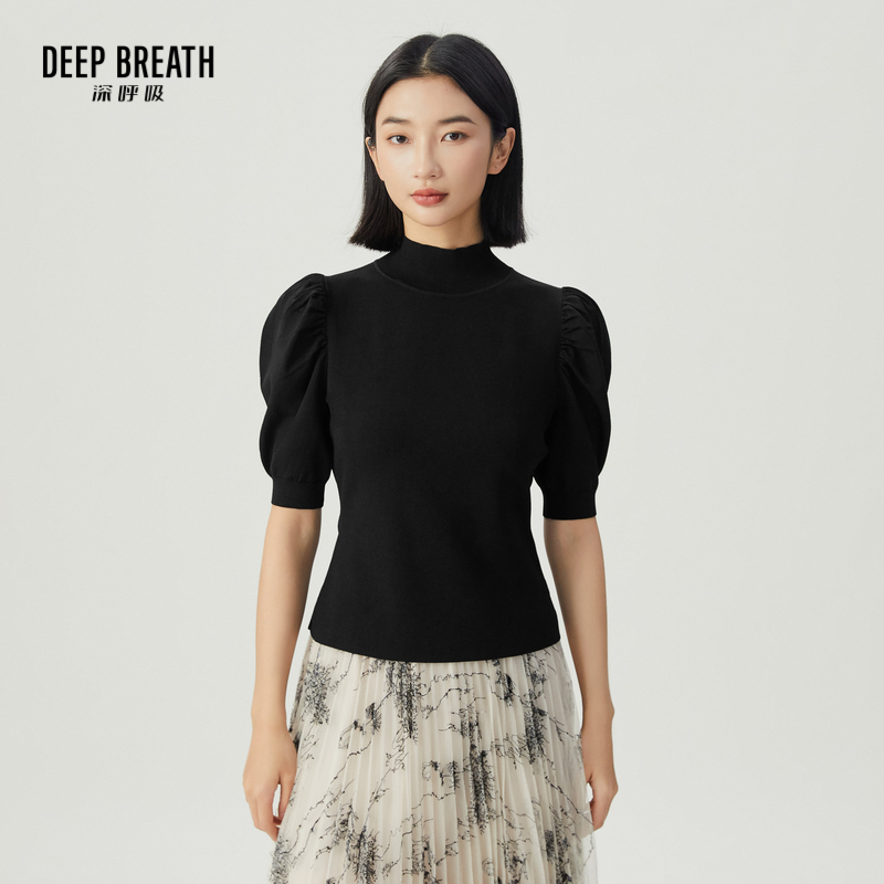 DEEP BREATH深呼吸女装 纯色简约烟管领泡泡袖针织衫短袖上衣A301306
