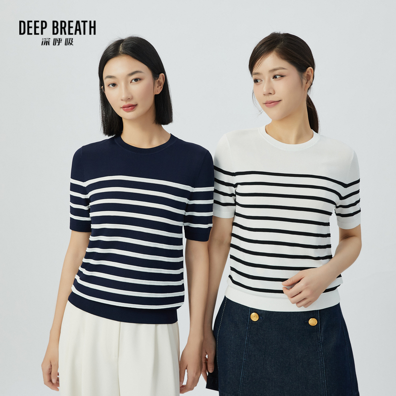 DEEP BREATH深呼吸女装  简约直筒圆领条纹拼色针织短袖A301310