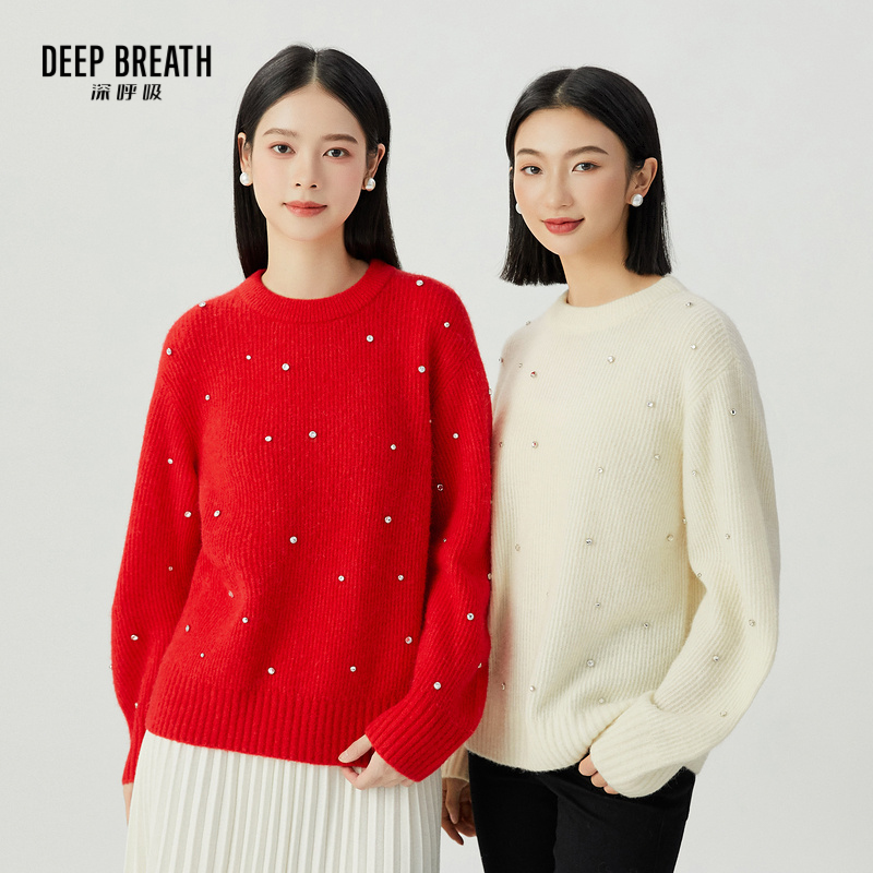 DEEP BREATH深呼吸女装 圣诞新年圆领廓形缝钻针织毛衣A301387