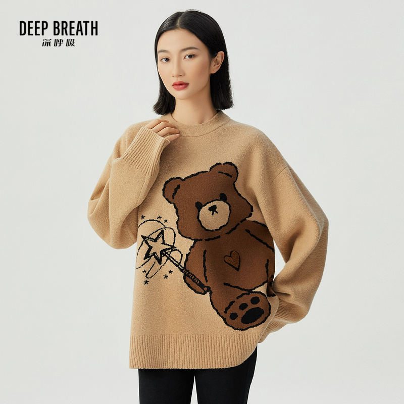 DEEP BREATH深呼吸女装 圆领卡通拼色提花毛衣廓形针织衫A301400