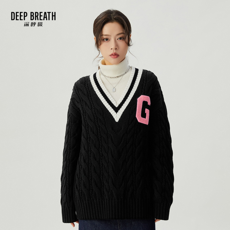 DEEP BREATH深呼吸女装 V领麻花拼色贴牌廓形套头针织毛衣A301405