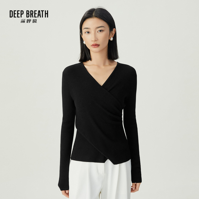 DEEP BREATH深呼吸女装 V领交叉不规则下摆褶皱羊毛针织衫A301487