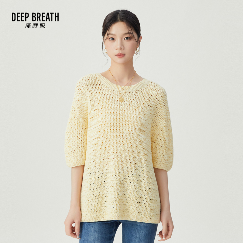 DEEP BREATH深呼吸女装 圆领廓形镂空肌理套头中袖针织衫A301503