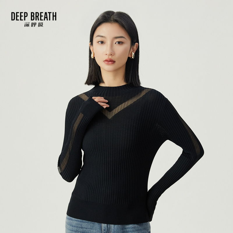 DEEP BREATH深呼吸女装 烟管领坑条镂空拼接长袖针织衫A301511