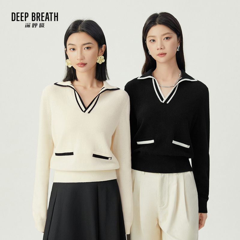 DEEP BREATH深呼吸女装 简约翻领拼色口袋贴套头针织衫A301512