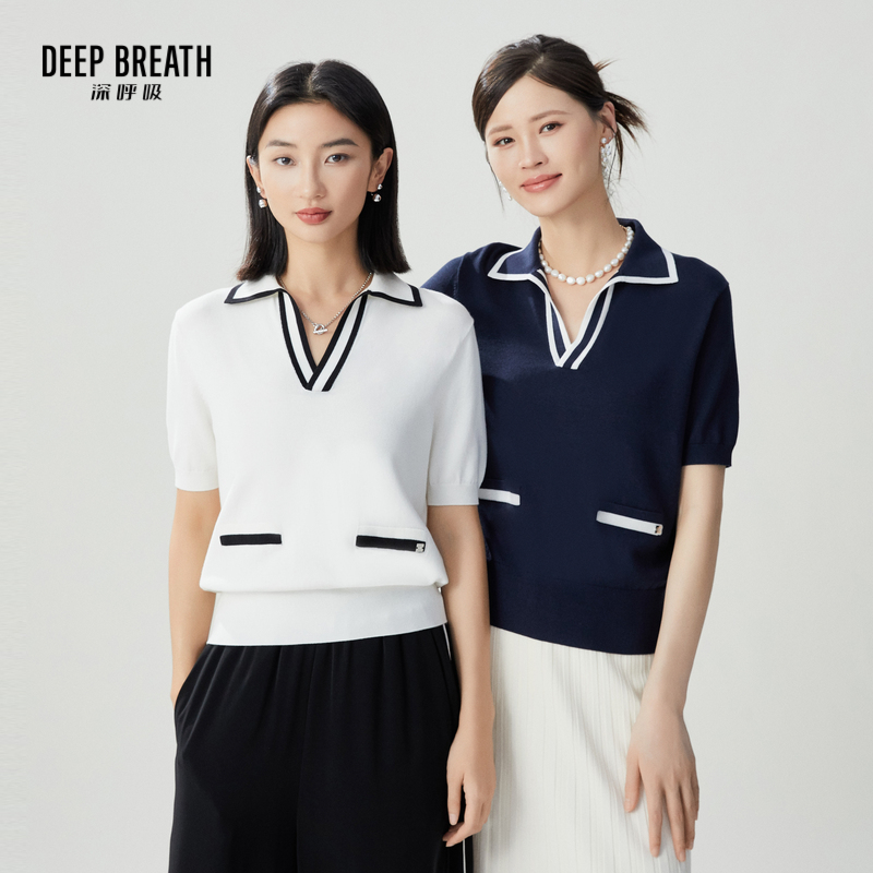 DEEP BREATH深呼吸女装 V型翻领上衣拼色口袋贴短袖针织衫A301580