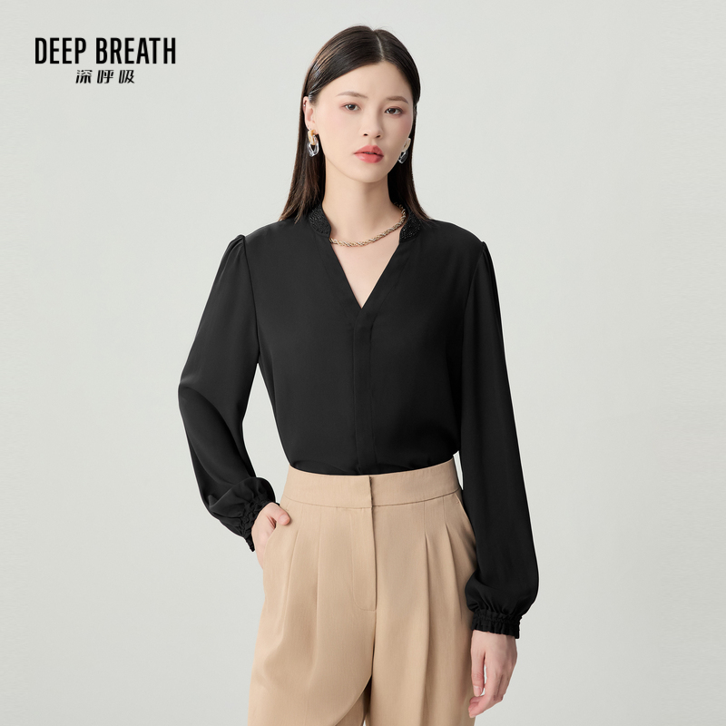 DEEP BREATH深呼吸女装 烫钻V领时尚优雅长袖衬衫A301596