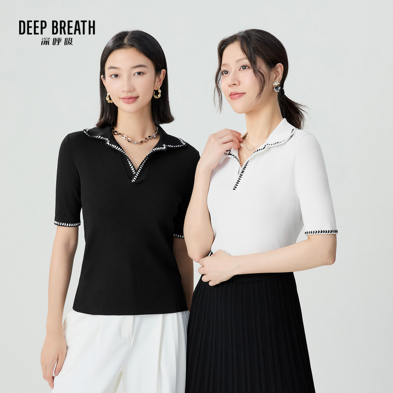 DEEP BREATH深呼吸女装 V型翻领短袖坑条拼色勾花针织衫A301611