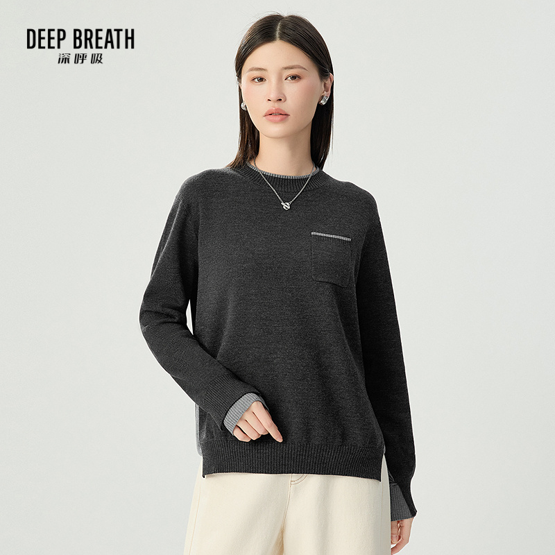 DEEP BREATH深呼吸女装 简约圆领廓形假两件拼色针织衫套头衫A301762