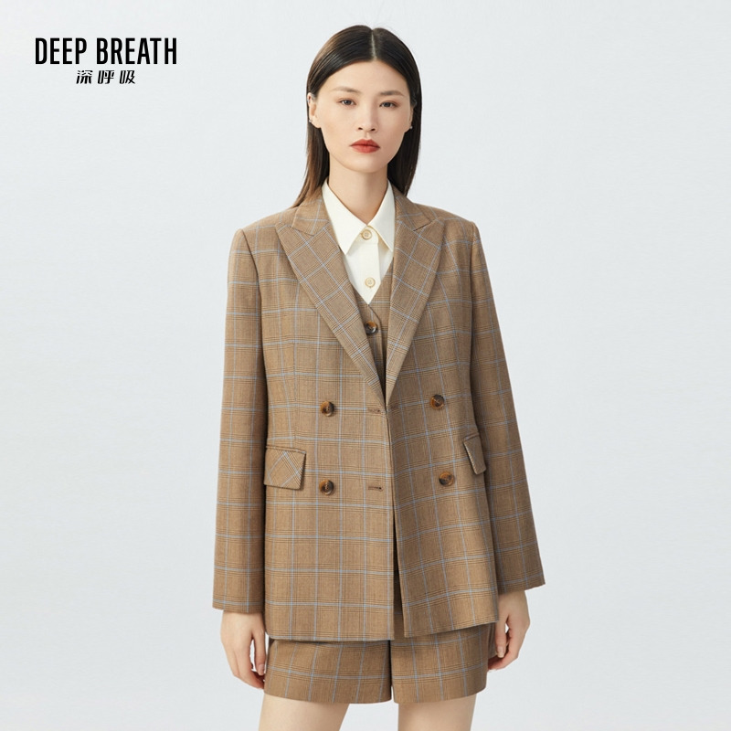 DEEP BREATH深呼吸女装 复古双排扣格纹西装外套A400485