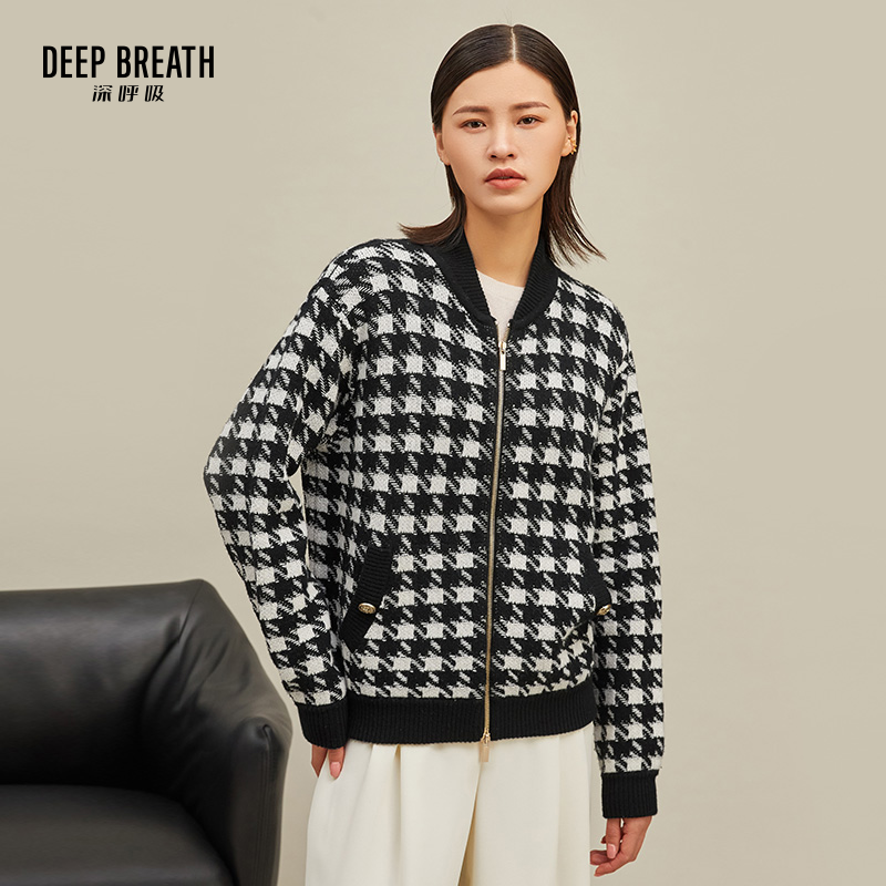 DEEP BREATH深呼吸女装 拼色立领拉链小香风开衫针织衫A400546
