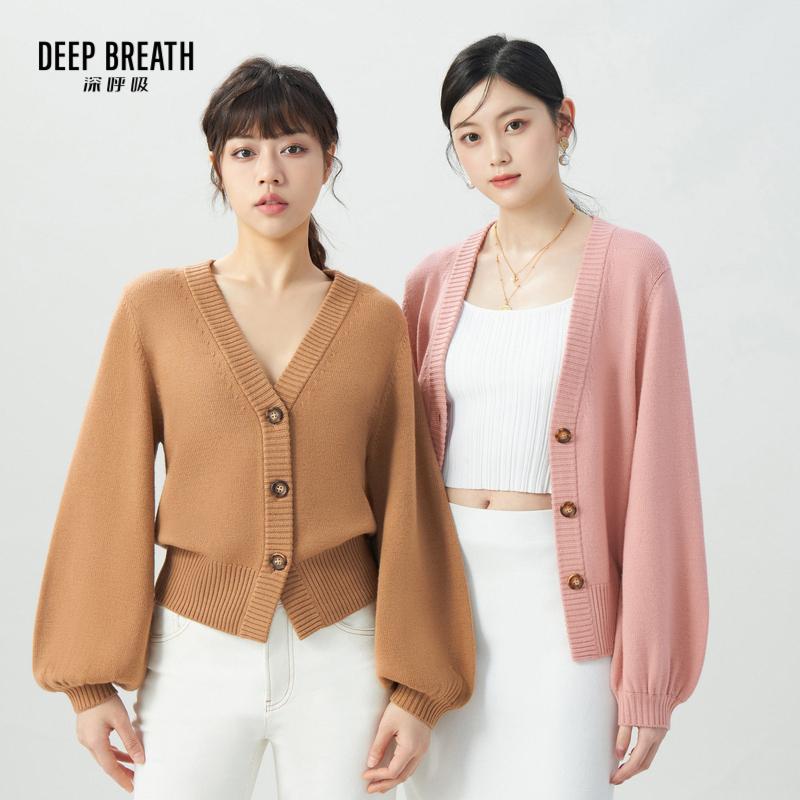 DEEP BREATH深呼吸女装 V领水滴袖羊毛开衫下摆开叉针织衫A400855