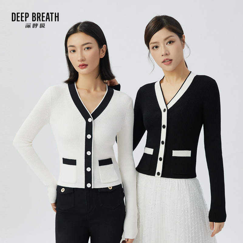DEEP BREATH深呼吸女装 简约长袖修身V领拼色羊毛针织开衫A400889