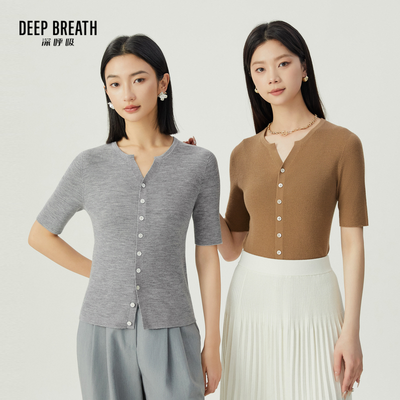 DEEP BREATH深呼吸女装 圆领开叉短袖坑条羊毛针织开衫A401098