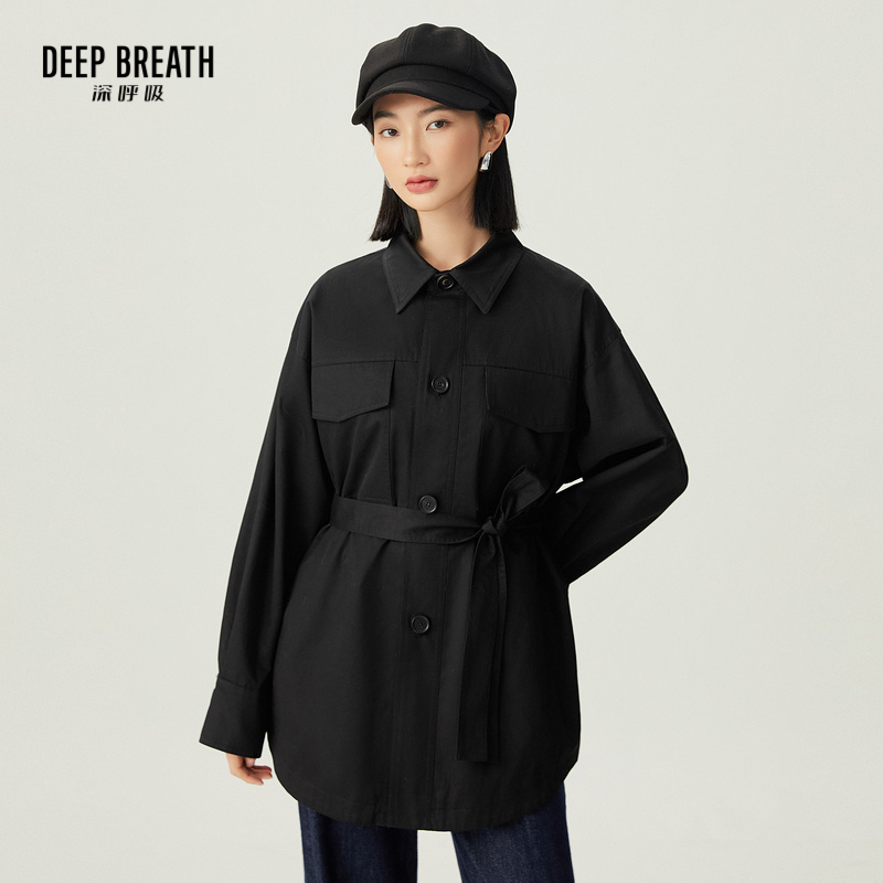 DEEP BREATH深呼吸女装 纯色翻领单排扣A型风衣【附腰带】A401110