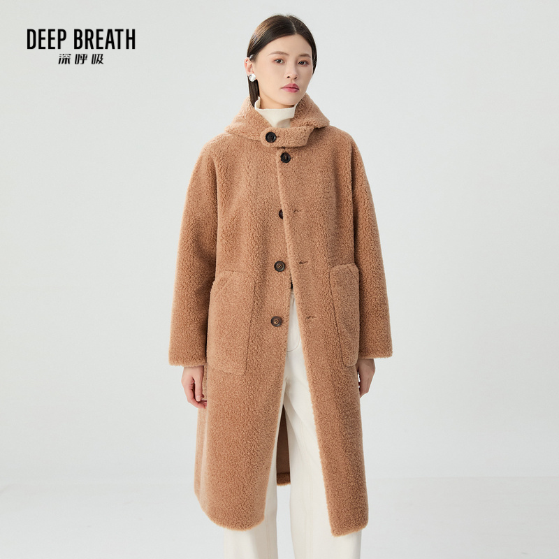 DEEP BREATH深呼吸女装 连帽单排扣羊剪绒大衣外套A401145
