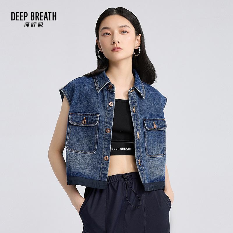 DEEP BREATH深呼吸女装 休闲造型牛仔马甲抽绳款收腰无袖外套A401292