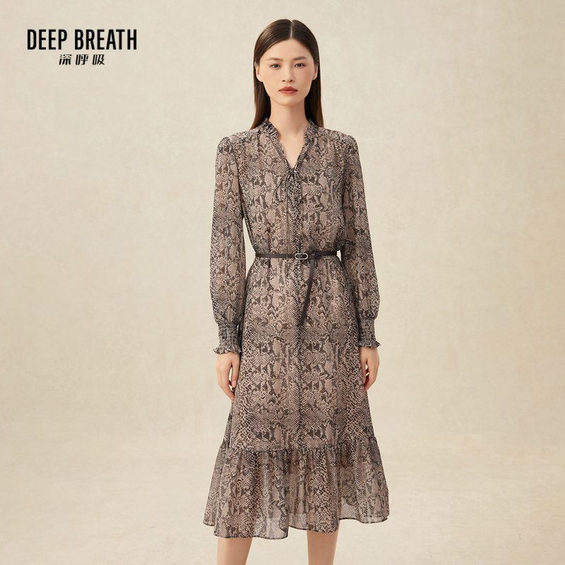 DEEP BREATH深呼吸女装 复古廓形洋装连衣裙长裙(附腰带)A500186