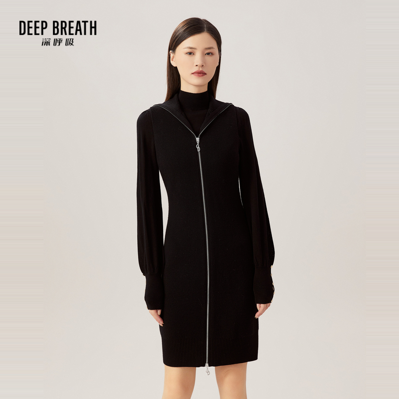 DEEP BREATH深呼吸女装 无袖气质拉链收腰纯羊毛针织包臀连衣裙A500199