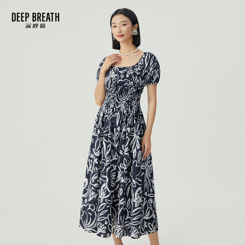 DEEP BREATH深呼吸女装 复古印花方领泡泡袖收腰连衣裙A500249