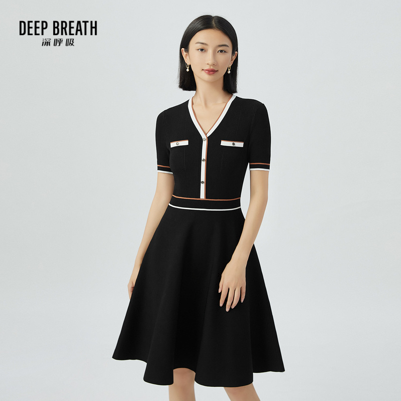 DEEP BREATH深呼吸女装 气质显瘦V领拼色高腰洋装连衣裙A500273
