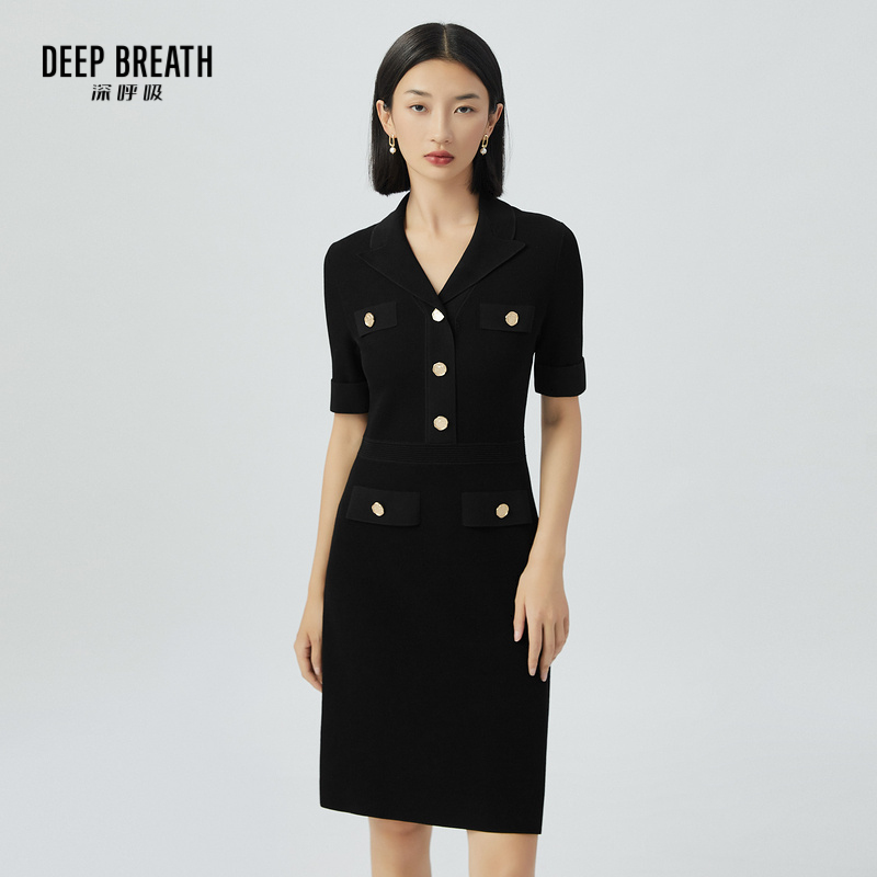 DEEP BREATH深呼吸女装 翻驳领装饰袋洋装纯色短袖连衣裙A500275