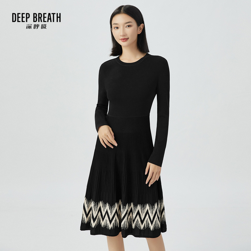 DEEP BREATH深呼吸 女装圆领拼色提花针织连衣裙高腰伞裙 A500279