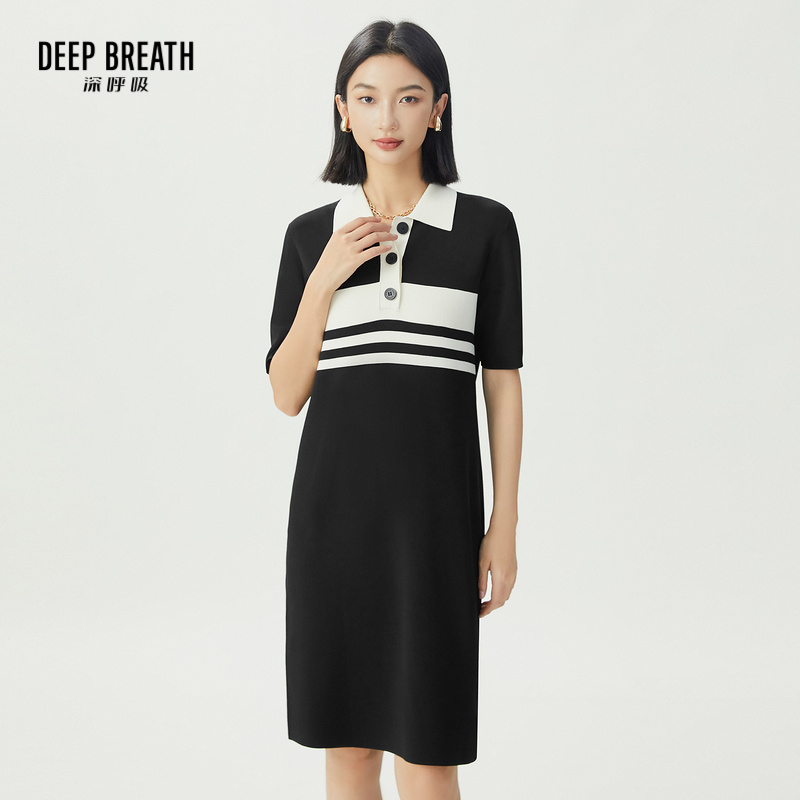 DEEP BREATH深呼吸女装 简约翻领条纹拼色短袖针织连衣裙A500282