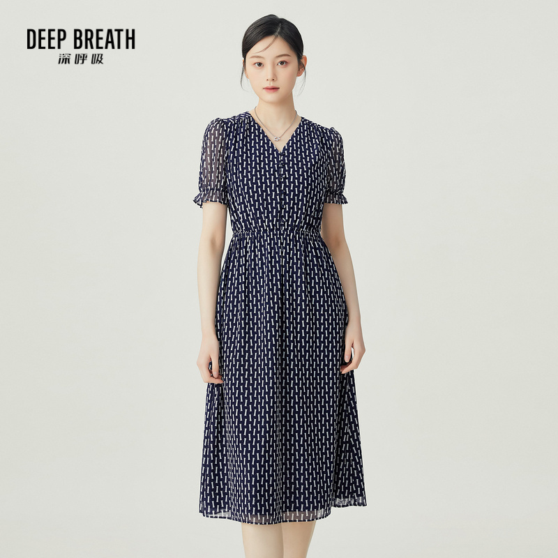 DEEP BREATH深呼吸女装 法式V领网纱弹力松紧腰印花连衣裙A500294