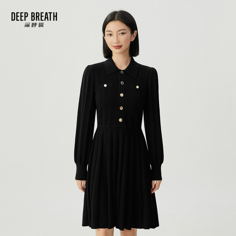 DEEP BREATH深呼吸女装 翻领泡泡袖洋装收腰连衣裙伞裙A500295