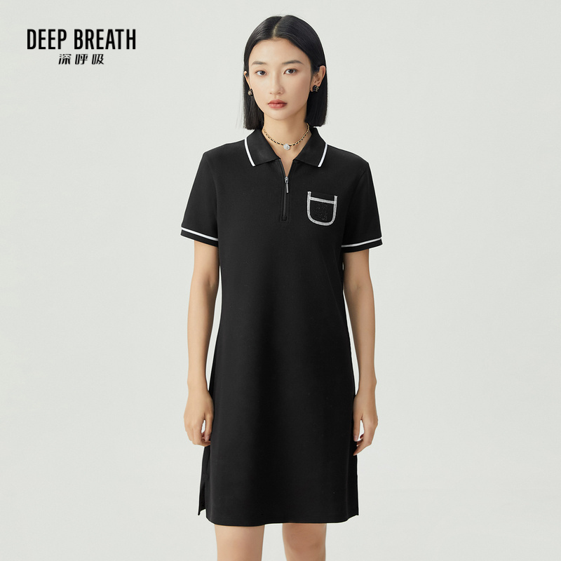 DEEP BREATH深呼吸女装 POLO领休闲中长款拼色短袖连衣裙A500312