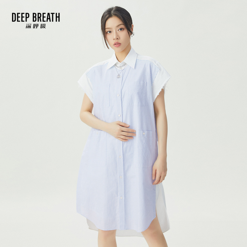DEEP BREATH深呼吸女装 直筒条纹造型款无袖衬衫式连衣裙A500314