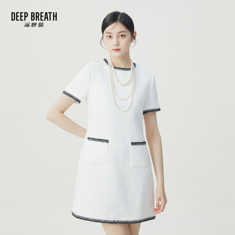 DEEP BREATH深呼吸女装 圆领拼色小香风收腰短袖连衣裙A500325
