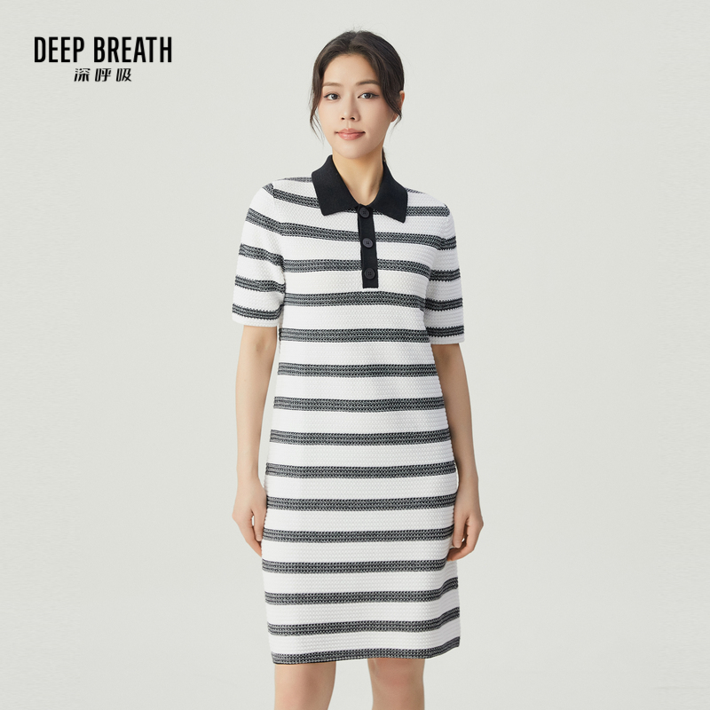 DEEP BREATH深呼吸女装 休闲POLO领拼色肌理针织连衣裙A500336