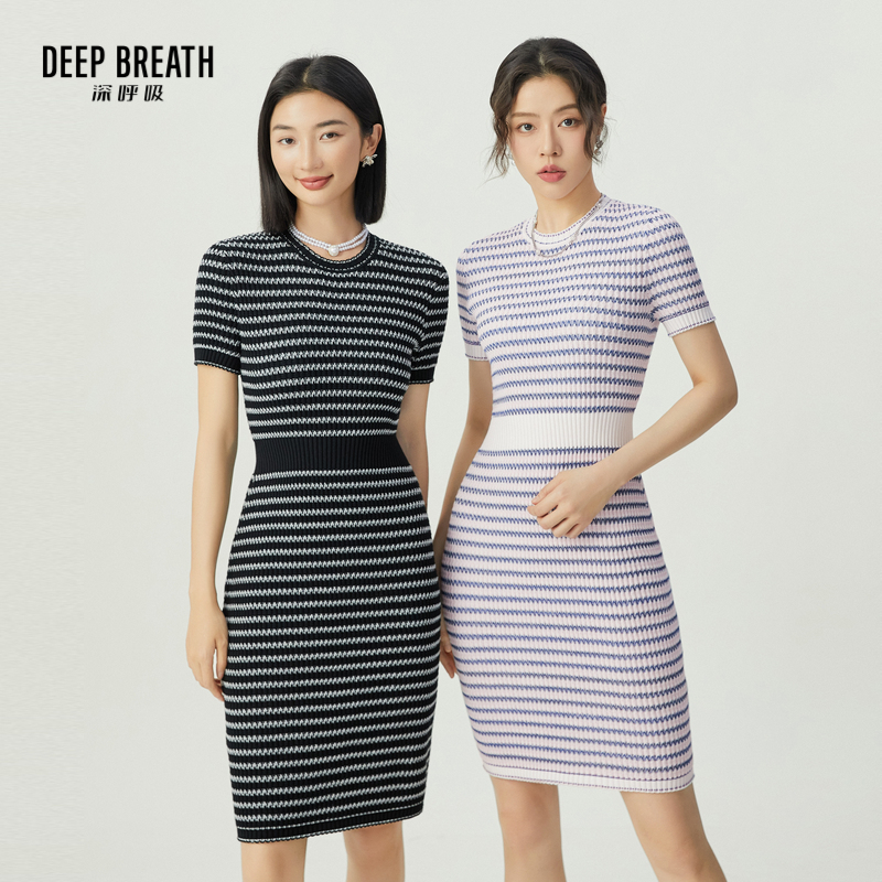 DEEP BREATH深呼吸女装 圆领坑条纹拼色包臀裙针织连衣裙A500355