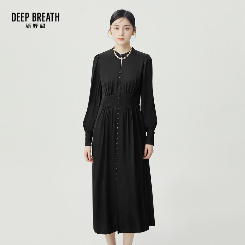 DEEP BREATH深呼吸女装 新中式单排扣泡泡袖衬衫式连衣裙A500369