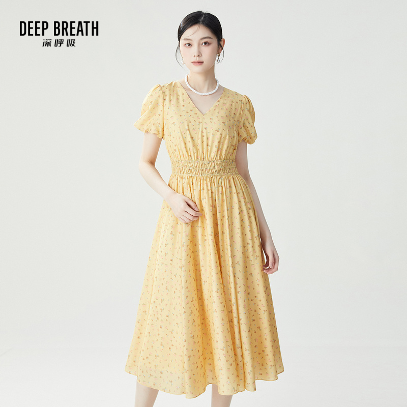 DEEP BREATH深呼吸女装 6A级重磅桑蚕丝真丝V领泡泡袖收腰茶歇裙短袖连衣裙A500379