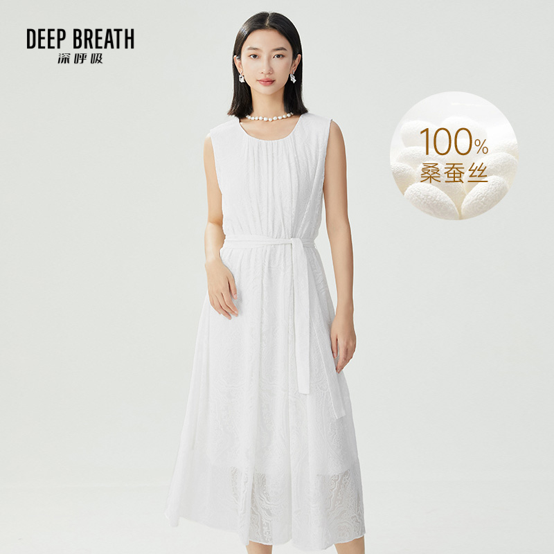 DEEP BREATH深呼吸女装 6A真丝提花无袖长款直筒连衣裙A500384